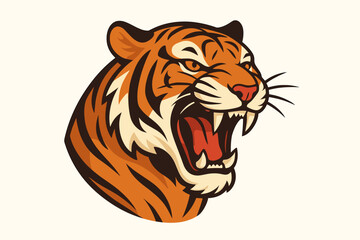 Fierce roaring tiger head vector illustration, growling wild cat logo design, powerful animal mascot, modern flat style, bold orange and black stripes, wildlife symbol