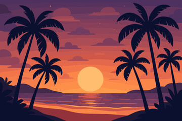 Obraz premium Vibrant tropical beach sunset scene with silhouetted palm trees. Scenic ocean landscape background. Summer vacation travel concept. Modern flat cartoon vector illustration.
