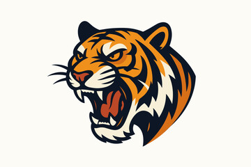 Tiger head logo vector. Roaring tiger face mascot for sport or esports team. Aggressive wild animal emblem with open mouth and fangs. Angry predator graphic illustration.