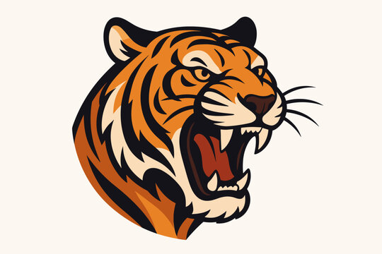 Roaring tiger head vector logo. Angry growling tiger face. Sports mascot for team, esports. Aggressive wild cat emblem. Predator symbol with fangs. Modern graphic illustration.