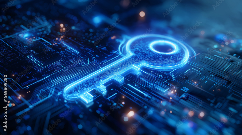 Poster digital key projection - futuristic data security and access concept, blue neon glow on circuit boar