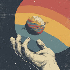 Surreal hand reaching for colorful retro planet in outer space with rainbow arc background vintage cosmic illustration
