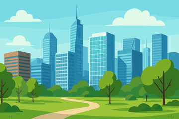 Public park in a modern city business district. Urban cityscape landscape with skyscrapers and office buildings. Green eco city and environment concept. Flat cartoon vector illustration.