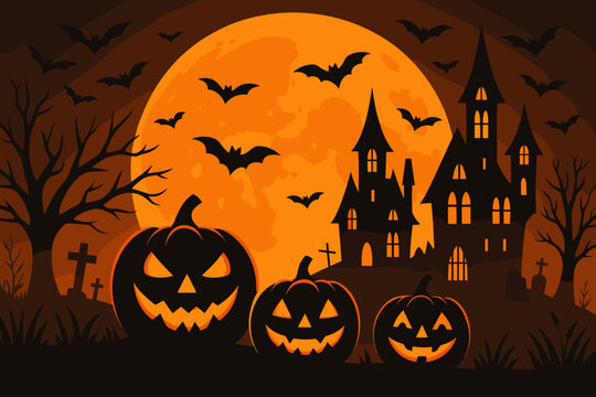 Halloween background with scary jack o'lantern pumpkins, haunted house, and bats. Spooky night landscape with full orange moon, graveyard, and castle silhouette. Vector banner.