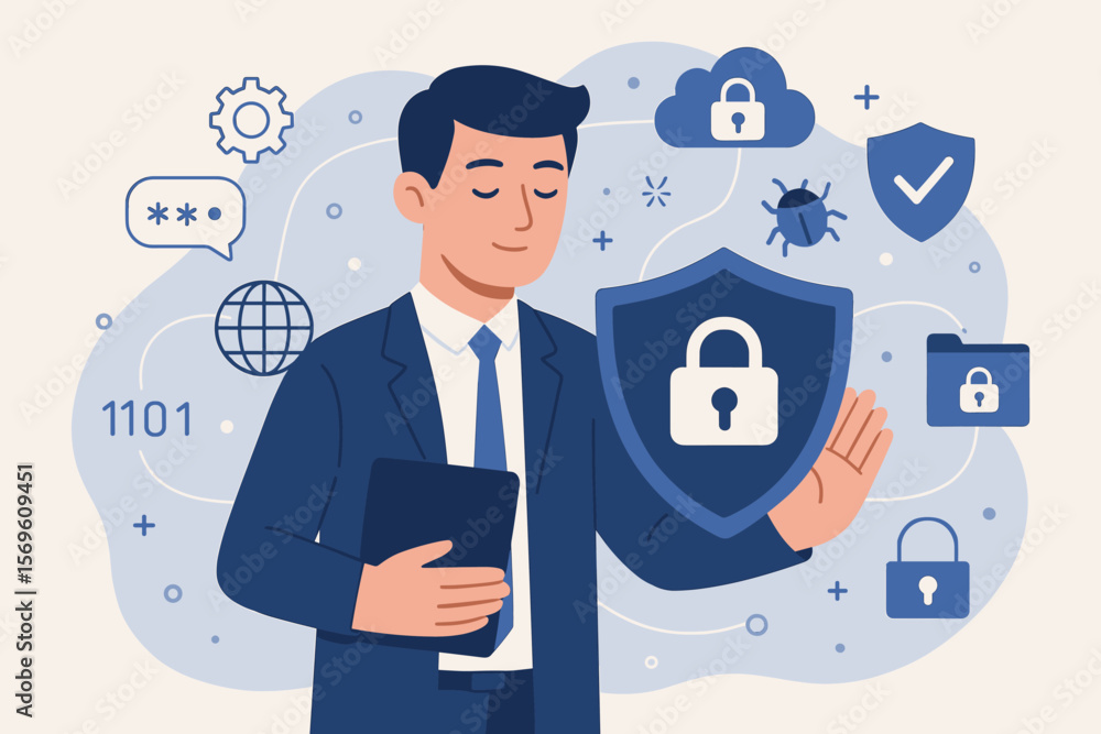 Aufkleber cybersecurity concept with businessman holding shield. internet technology for data protection, secu