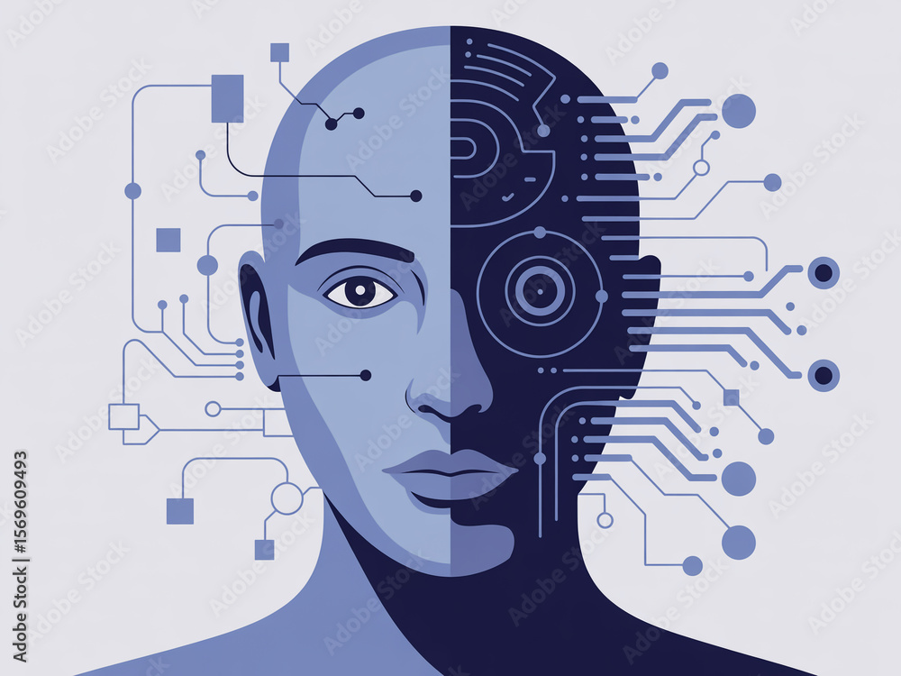 Poster a digital representation of artificial intelligence shows a human face connected to circuits