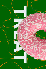 3d vertical art image collage of sweet pink sprinkles donut bakery nutrition advertisement...