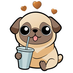pug holding a bubble tea cup 