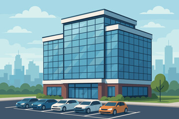 Modern office building with parking lot. Business center, corporate headquarters with glass facade. Urban cityscape background. Real estate property. Flat vector illustration.