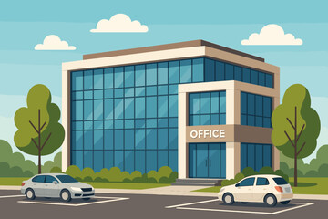Modern office building exterior with glass facade. Corporate business center with parking lot and cars. Urban workplace architecture concept. Flat vector illustration design.