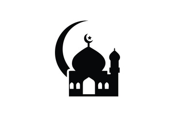 Serene Black and White Mosque Icon with Crescent Moon:  Islamic Faith, Spirituality, Ramadan, Eid al-Fitr, Eid al-Adha, Religious Symbol, Minimalist Design, Vector Illustration, Perfect for Websites, 
