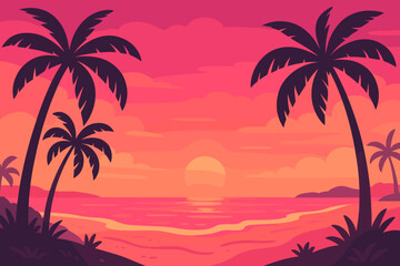 Fototapeta premium Vibrant tropical beach sunset with palm trees, pink sky, sandy shore, calm ocean waves, summer vacation paradise, modern flat vector cartoon illustration, exotic coastal landscape