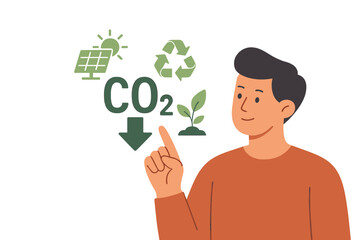 CO2 Emissions Reduction Concept. Person Pointing at Eco Icons. Renewable Energy, Solar Power, Recycling, Sustainability, Green Technology, Environmental Protection, Eco-Friendly Actions