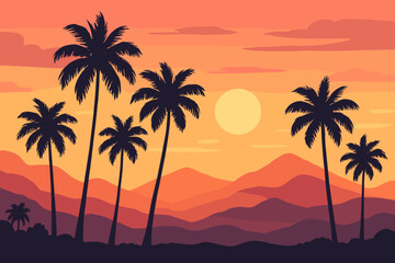 Tropical palm tree silhouettes at sunset, vibrant orange sky, sun over rolling hills and mountains, summer landscape, modern flat vector illustration, vacation paradise