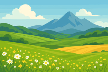 Obraz premium Summer wildflower meadows and fields with daisies, yellow blossoms, rolling green hills, blue mountains, scenic landscape, sunny sky, nature vector illustration
