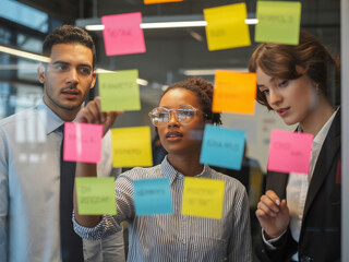 A business team collaborates using sticky notes on a glass wall