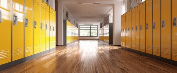 The bright hallway with yellow lockers illuminated by natural light.