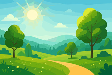 Fototapeta premium Sunny day landscape vector illustration. Lush green meadows, rolling hills, bright sun, blue sky, fluffy clouds, vibrant summer nature scene with trees, forest, countryside path