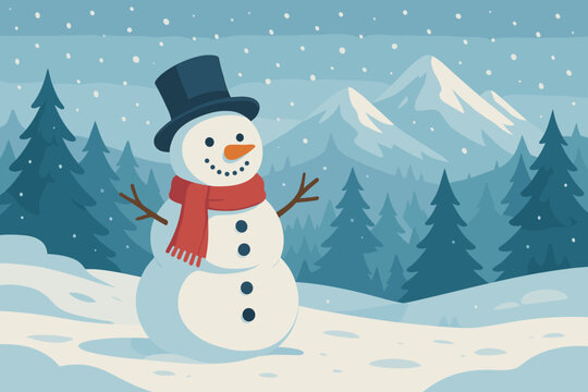 Cheerful snowman with top hat and red scarf in snowy winter forest landscape, pine trees, mountains, falling snow, Christmas holiday scene, festive flat vector illustration