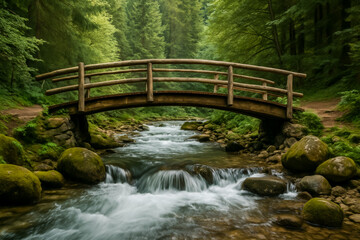 Fototapeta premium Beautiful wooden bridge over a serene flowing river in forest