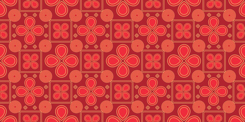 Geometric Chinese New Year Traditional Seamless Pattern with Flowers. Vector Luxury Happy Chinese New Year pattern, red and golden colors. Lunar Chinese pattern for banner, sale ads, poster, pachaging