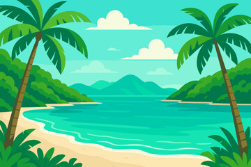 Tropical paradise beach with turquoise sea, palm trees, sandy shore, lush green hills, blue sky, clouds, summer vacation landscape. Exotic island bay vector illustration, flat cartoon