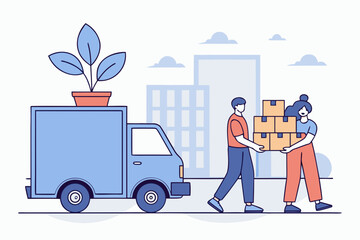 People unloading moving boxes from truck in city flat vector design