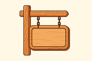 Blank wooden hanging signboard vector illustration. Cartoon wood sign with chains for shop, restaurant, bar, business, advertising, announcement, message, or custom text design