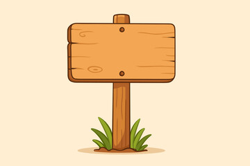 Blank wooden signpost cartoon vector. Empty wood board for text, advertising, message, notice, or direction. Rustic signage with grass. Flat illustration for design, banner, template.