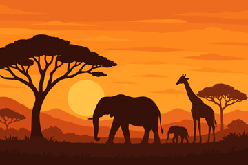 African safari sunset landscape with wild animal silhouettes. Elephant family and giraffe in savanna with acacia trees. Africa nature travel tourism vector flat cartoon background.