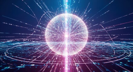 Digital Sphere of Light and Data Streams Flowing into a Central Core