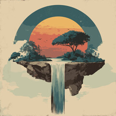 Surreal floating island with waterfall and sunset in tropical landscape retro fantasy illustration with trees and birds