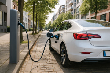 Electric car charging at station on city street near buildings