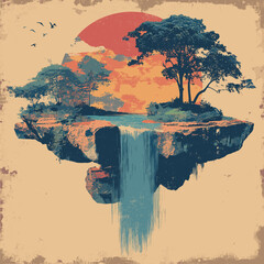 Floating island with waterfall and tropical trees against sunset sky surreal fantasy landscape illustration with birds and vintage texture