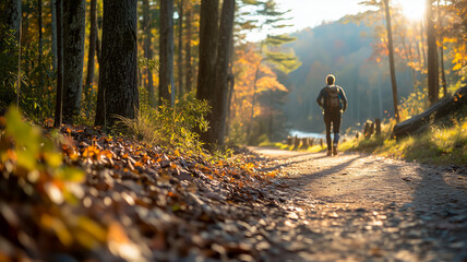 Fototapeta premium Person hiking on a picturesque autumn trail surrounded by trees