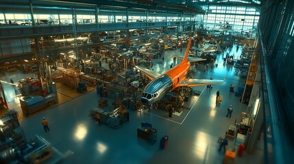 Aircraft manufacturing facility showcasing assembly line with workers, tools, and large windows illuminating the space