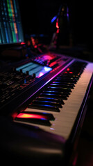 RGB Backlit Synth Keyboard In Dark Studio With Colorful Reflections And DAW Screen, Music Producer. Synth Keys
