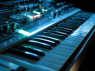 Analog Synth Keyboard Close Up With Glowing Knobs Sliders And Keys, Music Producer. Synth Keys