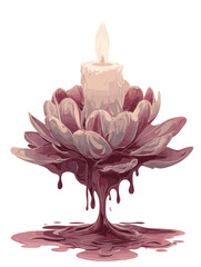 Fantasy candle melting into blooming flower with dripping wax and soft flame surreal floral art illustration on white background