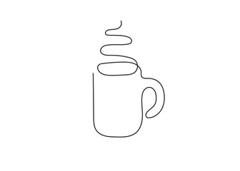 Minimalist line art of a steaming mug, drawn with a single continuous black line. Modern and elegant style, perfect for logos, packaging, posters, prints, and stickers. Clean white background.