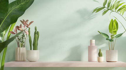 Indoor plants with pastel ceramic pots and minimal skincare bottle on soft pink shelf, natural light casting gentle shadows on pale green wall creating calm atmosphere