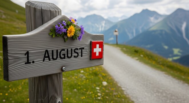 Swiss National Day Signpost – '1. August' Carved Wood with Swiss Flag and Alpine Flowers