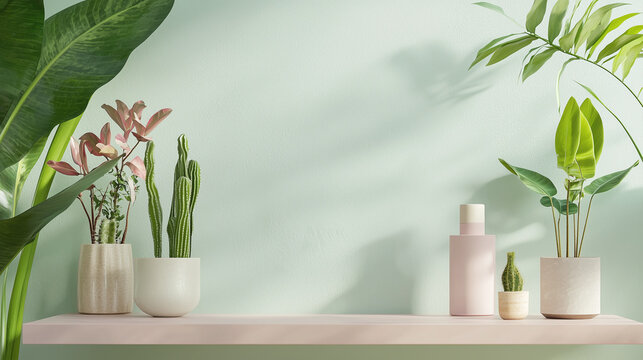Indoor plants with pastel ceramic pots and minimal skincare bottle on soft pink shelf, natural light casting gentle shadows on pale green wall creating calm atmosphere - Powered by Adobe