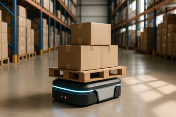 Automated robot transporting boxes on a pallet in warehouse