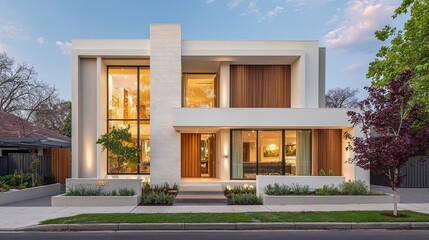 Modern home with geometric design glowing warmly at dusk, showcasing minimalist elegance and comfort.