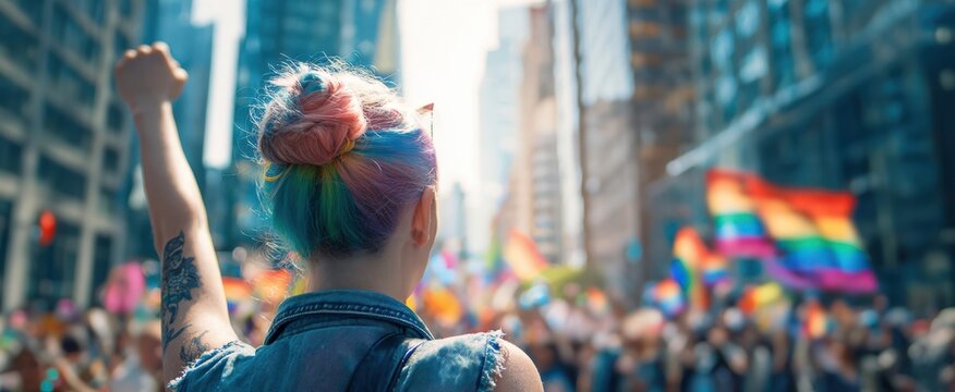 The vibrant celebration of pride with a young activist raising a fist.