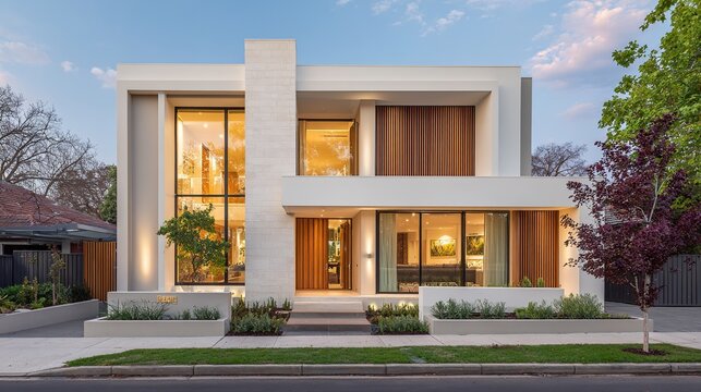 Modern home with geometric design glowing warmly at dusk, showcasing minimalist elegance and comfort.