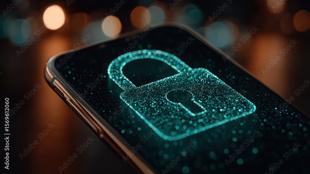Aufkleber digital padlock formed by glowing particles on a smartphone, signifying secure mobile cloud endpoint
