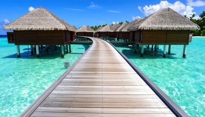 Fototapeta premium Serene wooden walkway leading to overwater bungalows in a tropical paradise under blue skies