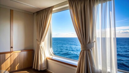 Fototapeta premium Cozy cabin interior with ocean view through large window, sunlight illuminating curtains